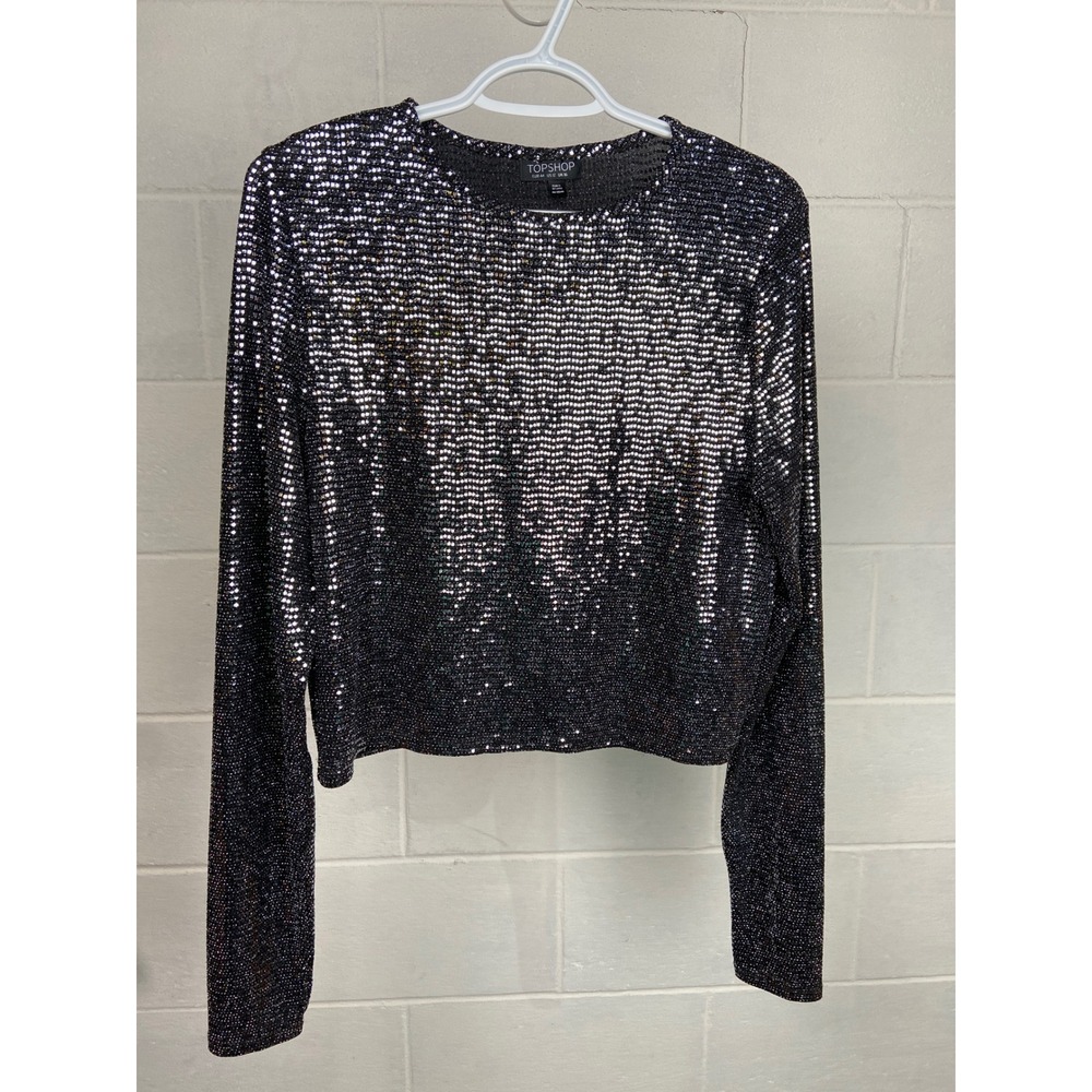 Topshop Sequin Top Long Sleeve Sparkly Party Glam Holiday Top Size US 12